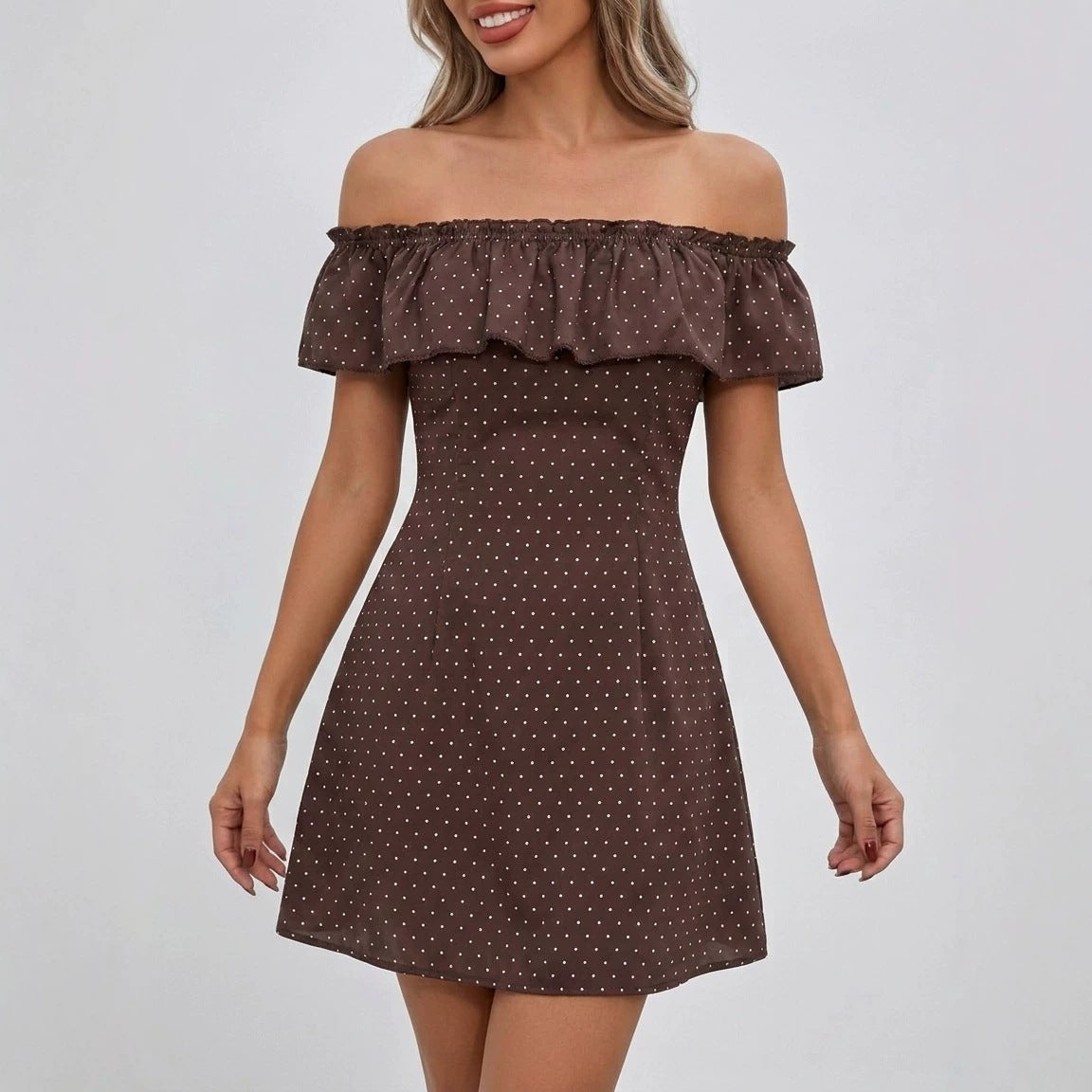 Polka-Dot Off-Shoulder Kleid Seitenansicht – Sévea