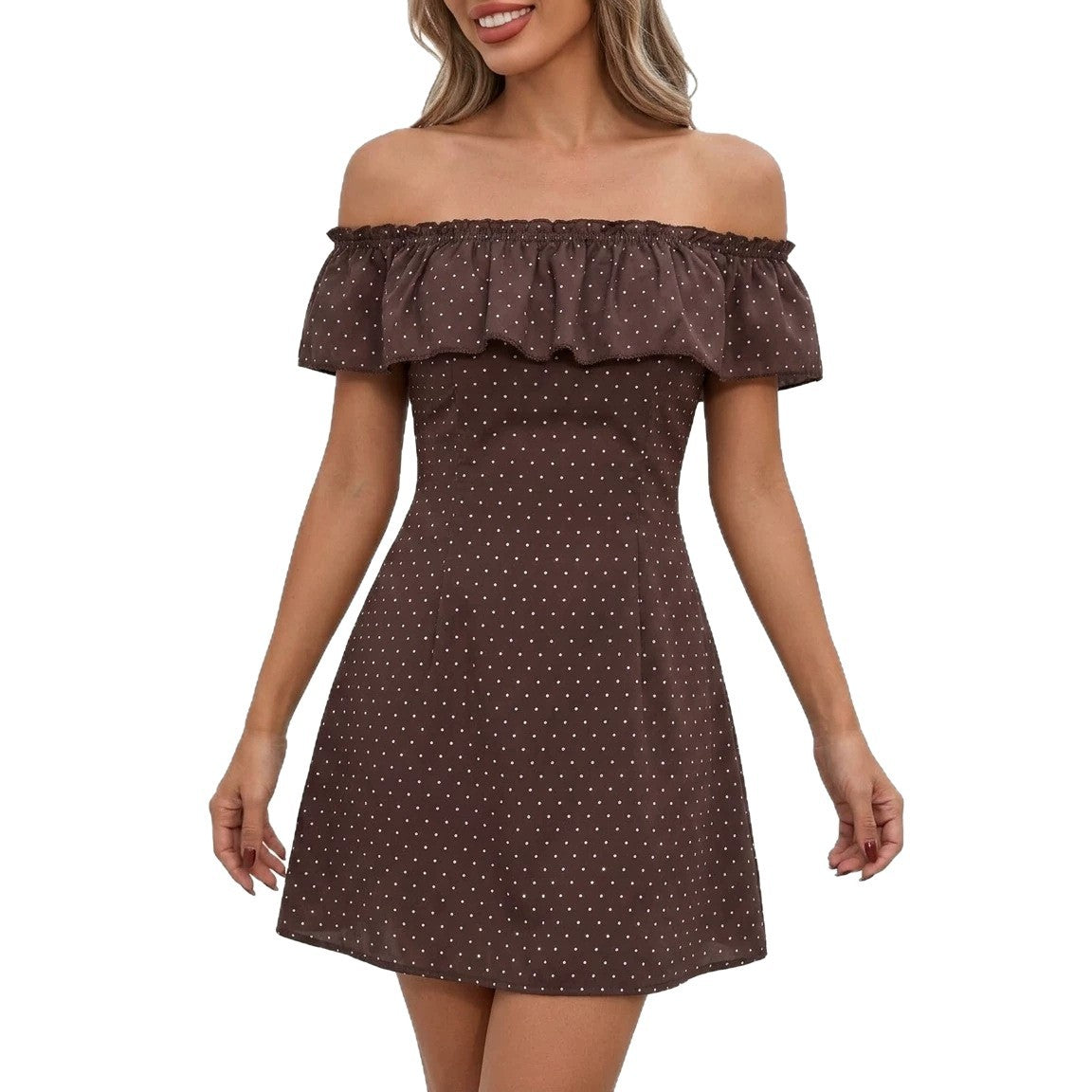 Polka-Dot Off-Shoulder Minikleid Rückansicht Damen – Sévea
