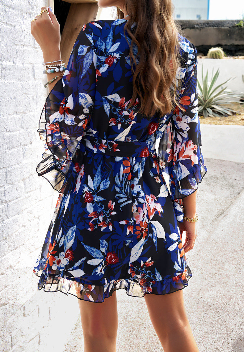 Summer Floral Print Short Sleeves Dress Lace Up Ruffles Design Fashion V-neck Short Dresses Womens Clothing