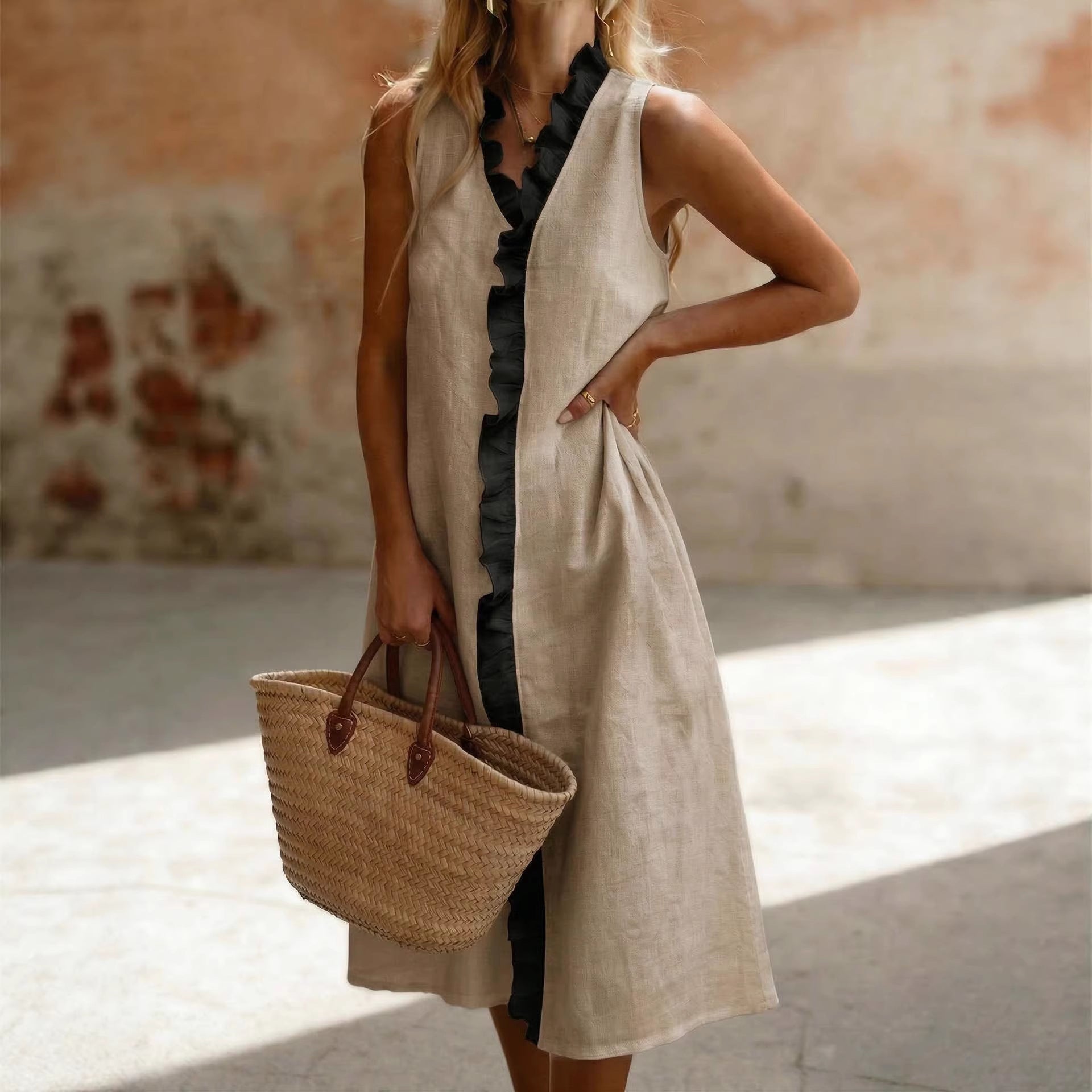 Baumwoll-Leinenkleid Rückansicht Damen – Sévea Schweiz
