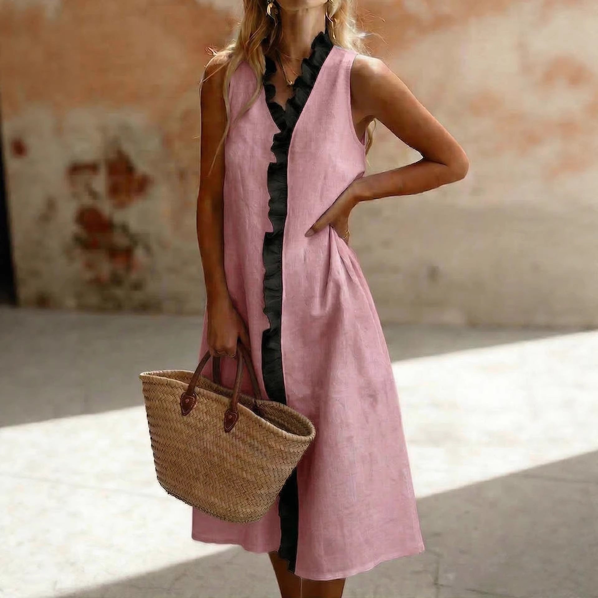 Baumwoll-Leinen-Kleid Hellblau Detail – Sévea Damen