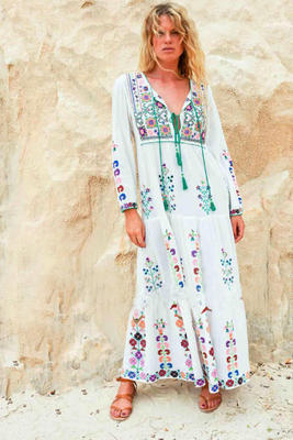 Besticktes Boho Maxi-Kleid Frontansicht Weiß – Sévea Damen