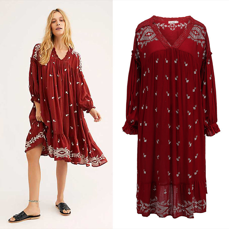 Besticktes Midi-Kleid zartem Print Rot Damen – Sévea Alltagskleid