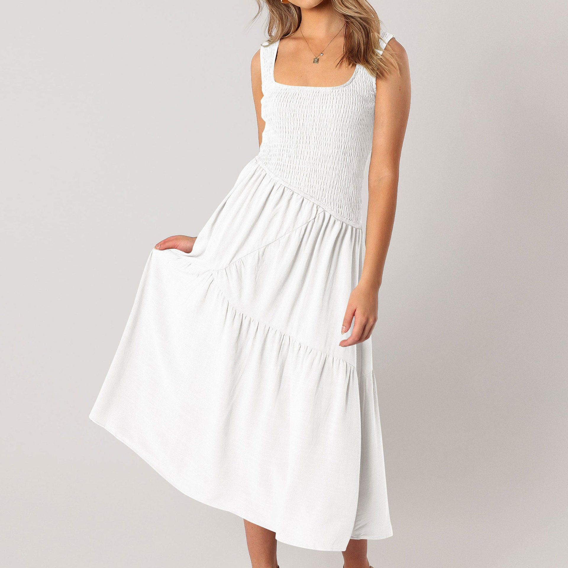 Besticktes Smock Maxi-Kleid Puffärmel Apricot – Sévea Urlaubskleid