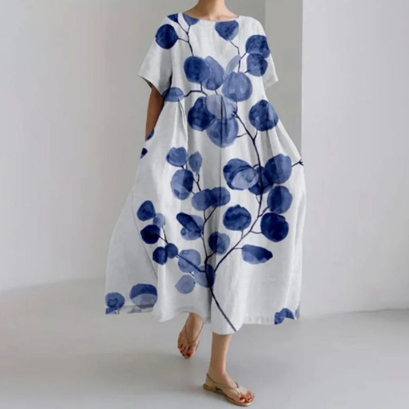 Blumen Midi-Kleid Loose Fit Blau Damen – Sévea Alltagskleid