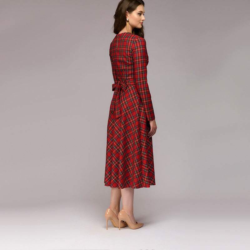 Karo Midi-Kleid Rot Frontansicht – Sévea Damen